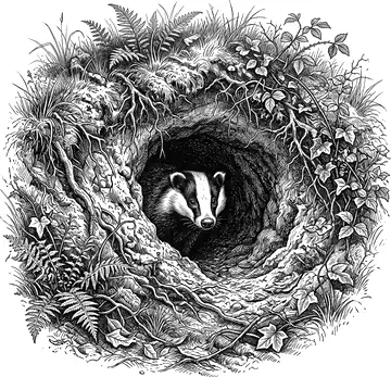 A badger's face peering out of a dark burrow in a grassy bank.