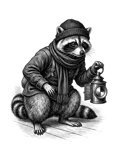 Dr. Bandit, a raccoon in a dark knitted cap and scarf, crouched with a shuttered lantern.