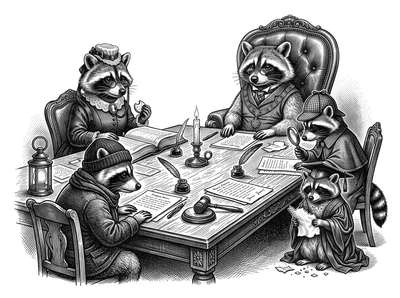 The five raccoons of the Advisory Board around a candle-lit committee table covered in papers, the elderly chairman presiding.