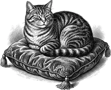 A large tabby cat curled on a tasselled velvet cushion, unbothered and superior.