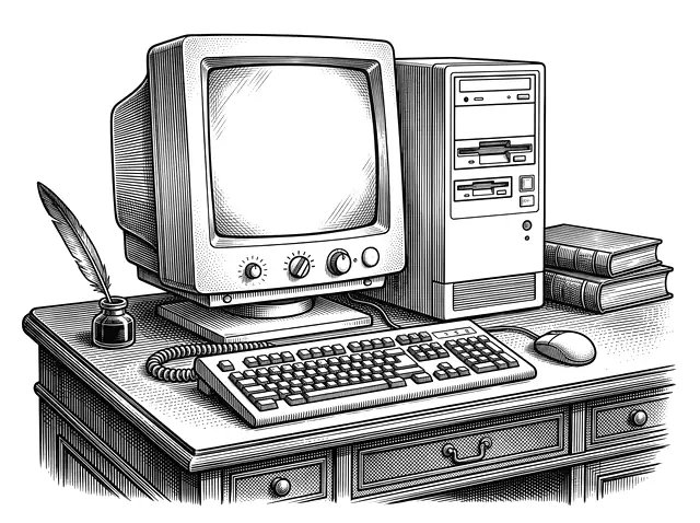 A beige 1990s computer, drawn with Victorian seriousness, with a quill and inkwell beside the keyboard.