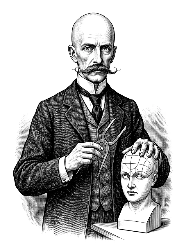 Professor Reginald Cranium: bald, severe, waxed moustache, brass callipers in one hand and the other resting on a porcelain phrenology bust.