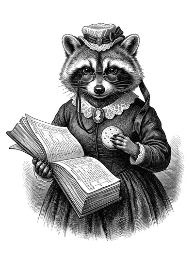 Madame Crumb in lace collar and bonnet, guarding a biscuit and an enormous ledger.