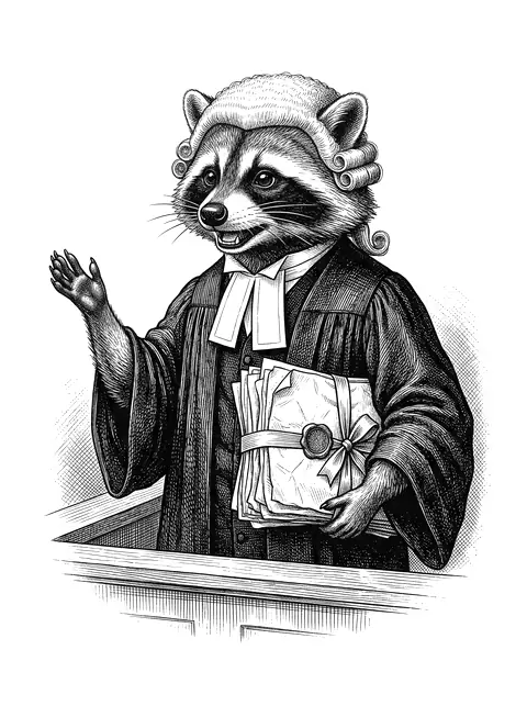The defence counsel, a young raccoon barrister, confidently gesturing while holding a sealed and plainly unread case file.