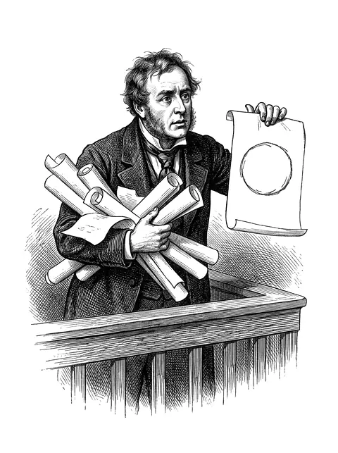 The witness: an earnest gentleman at the witness box, arms full of rolled diagrams, holding up a drawing of a flat disc.
