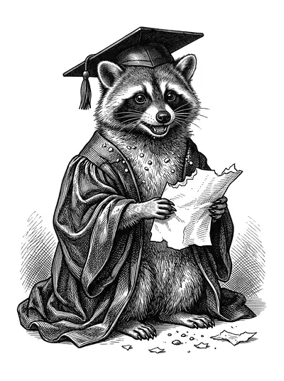 Little Geoffrey, a young raccoon in a slipping academic gown, grinning over a half-eaten document.