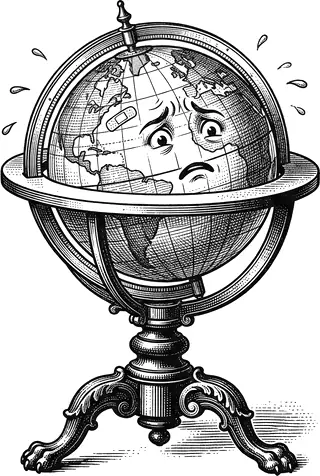 A small desk globe with a worried face and a sticking plaster, sweating with relief.