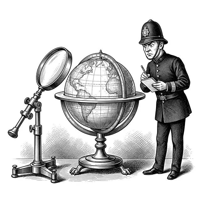 A Victorian terrestrial globe placed under observation: a magnifying lens trained on it and a stern constable taking notes beside it.