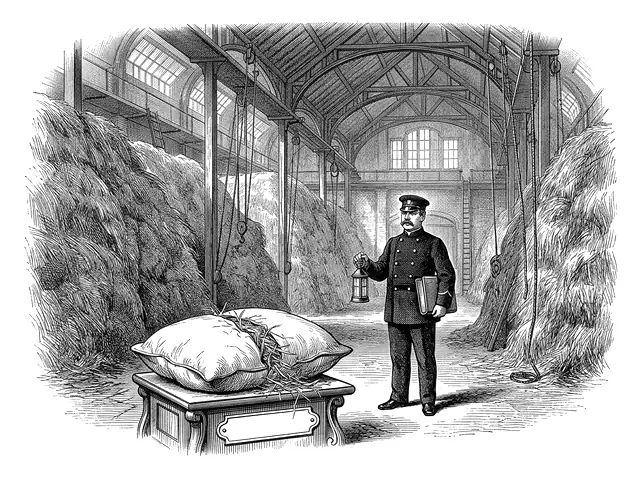 Engraving of the National Hay Reserve: a great storehouse of neat haystacks guarded by a uniformed custodian with a lantern, and in front a specimen pillow on a plinth with hay spilling from its seam.