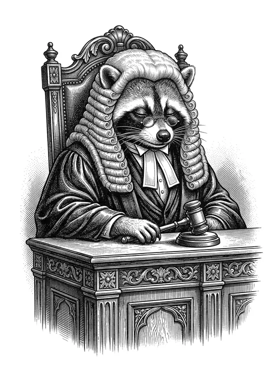 Judge Scruffles, the elderly raccoon in a long curled wig and black robes, eyes closed at a carved judge's bench, gavel in paw.