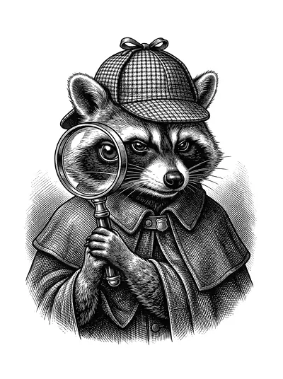 Inspector Maskington in a deerstalker, peering through a magnifying glass.