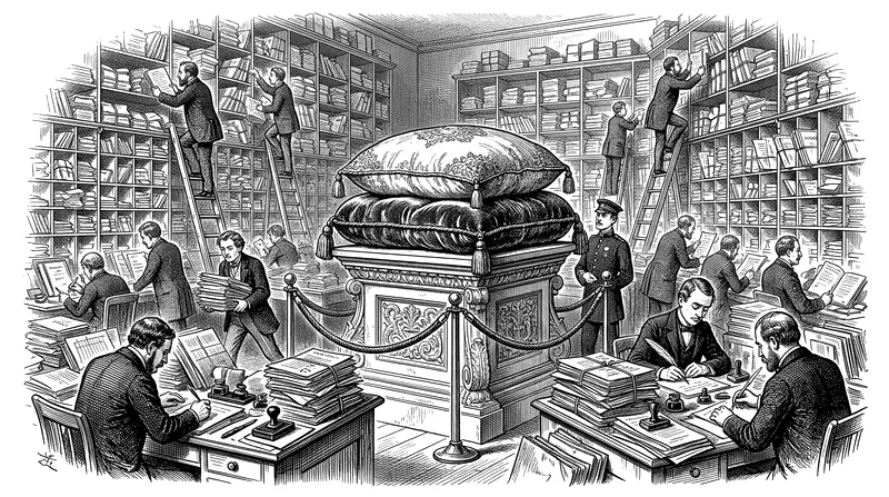 Engraving of a grand ministry office: towering pigeonholes, clerks on ladders, desks buried in files, and a great pillow displayed on a velvet plinth behind a rope.