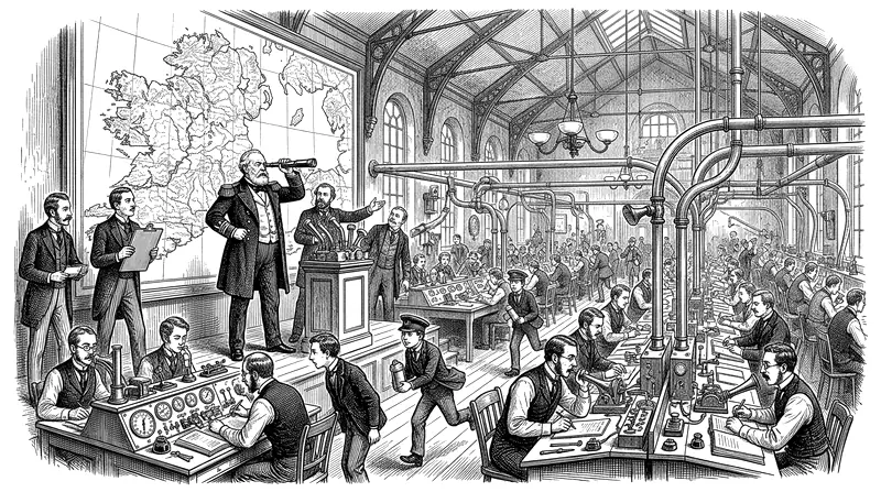 Engraving of a Victorian operations room: clerks at desks crowded with brass dials and telegraph keys, a great wall map, a commander with a telescope.
