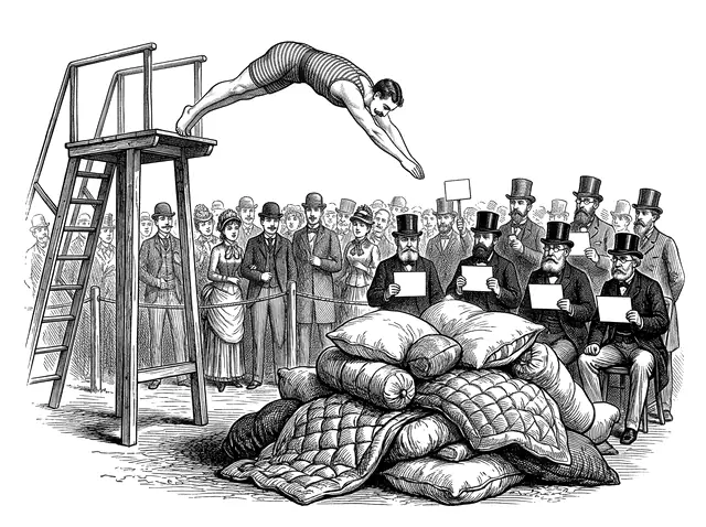 Engraving of a Victorian pillow-diving contest: an athlete in a striped costume diving gracefully toward a mountain of pillows while top-hatted judges hold up blank scorecards.