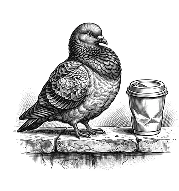 A stout city pigeon on a stone ledge glaring at a discarded coffee cup.