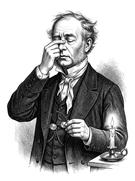 Dr. Pillowworth late at night: spectacles off and in his hand, cravat undone, pinching the bridge of his nose beside a candle.