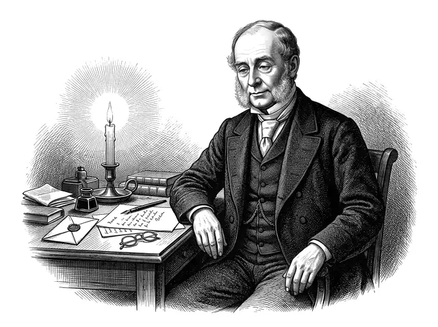 Dr. Pillowworth at his writing desk by candlelight, pen set down beside a finished letter and a sealed envelope, his spectacles folded.