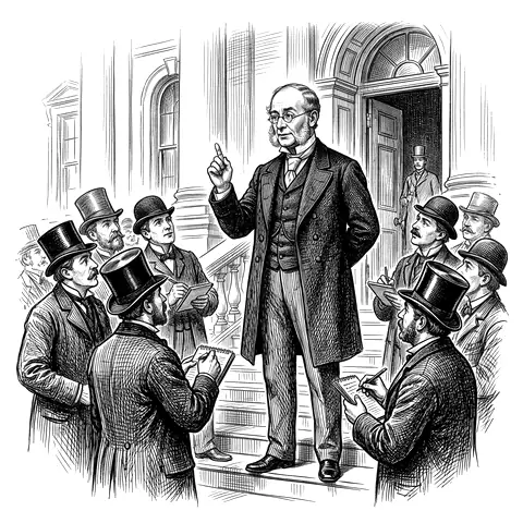 Newspaper sketch of Dr. Pillowworth on the steps of an institution, one finger raised, addressing a crowd of reporters in top hats.
