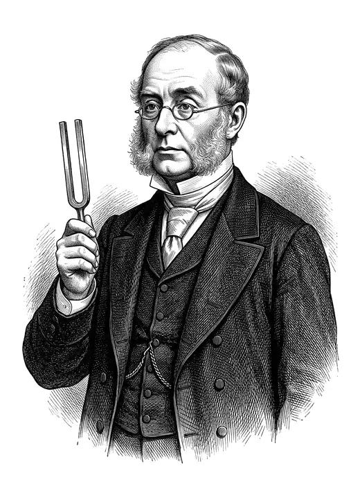 Engraved portrait of Dr. Bartholomew Pillowworth: grey mutton-chop sideburns, round spectacles, waistcoat and watch chain, gravely holding up a tuning fork as though it might help.