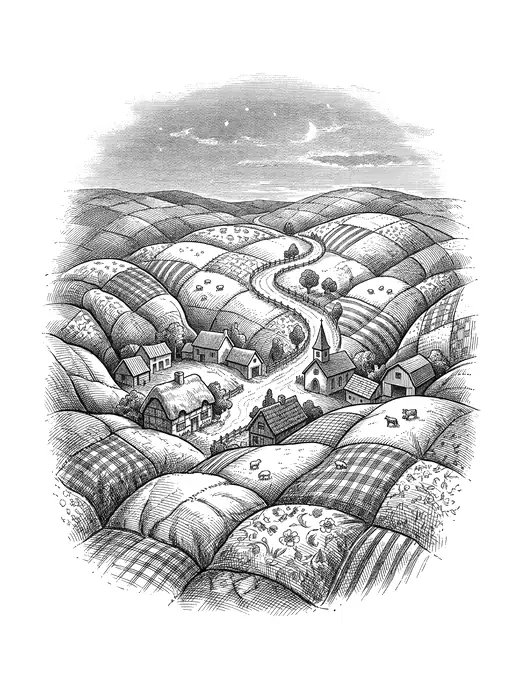 Travel-poster engraving: rolling hills made of an enormous patchwork quilt, with cottages tucked into the folds and a sleeping village.