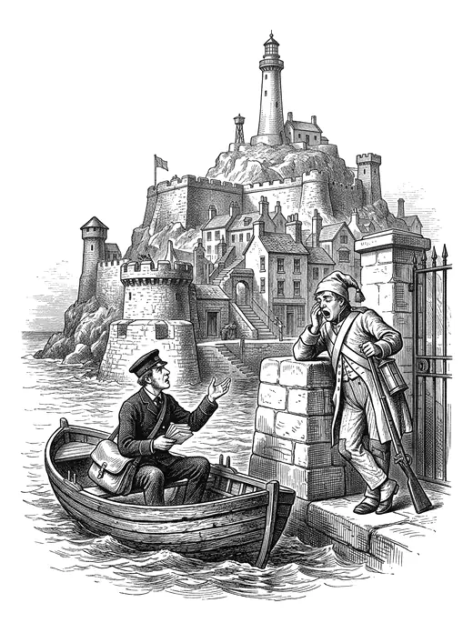 Travel-poster engraving: a fortified island with a lighthouse, where a sentry in a nightcap turns away a postman in a rowing boat.