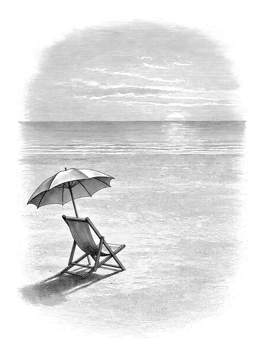 Travel-poster engraving: a single empty deckchair and parasol on a wide, empty beach at dusk.