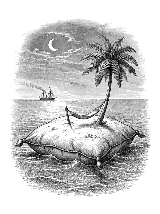 Travel-poster engraving: a small island shaped like a plump pillow in a calm sea, with a palm tree, a hammock, a steamer and a crescent moon.