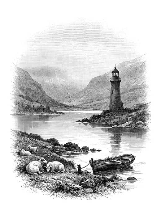 Travel-poster engraving: a still lake in a misty valley, an empty rowing boat, sleeping sheep on the bank and a dimmed lighthouse.