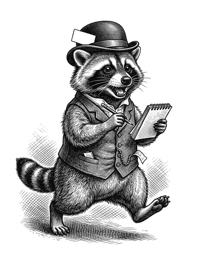 A cartoon raccoon reporter in a bowler hat with a press card, notebook in paw, hurrying to file the story.