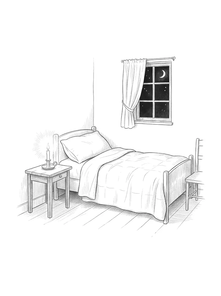 A quiet small bedroom at night, drawn in fine pale lines: a made bed with the quilt turned down, a candle on the bedside table, and a window with a crescent moon and a few stars.