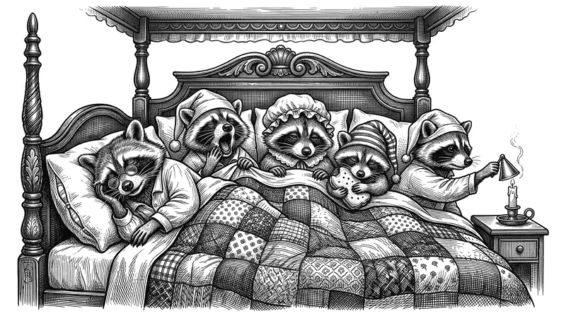 The five raccoons in nightcaps settling into one large four-poster bed under a patchwork quilt, the chairman already asleep, Geoffrey holding a biscuit.
