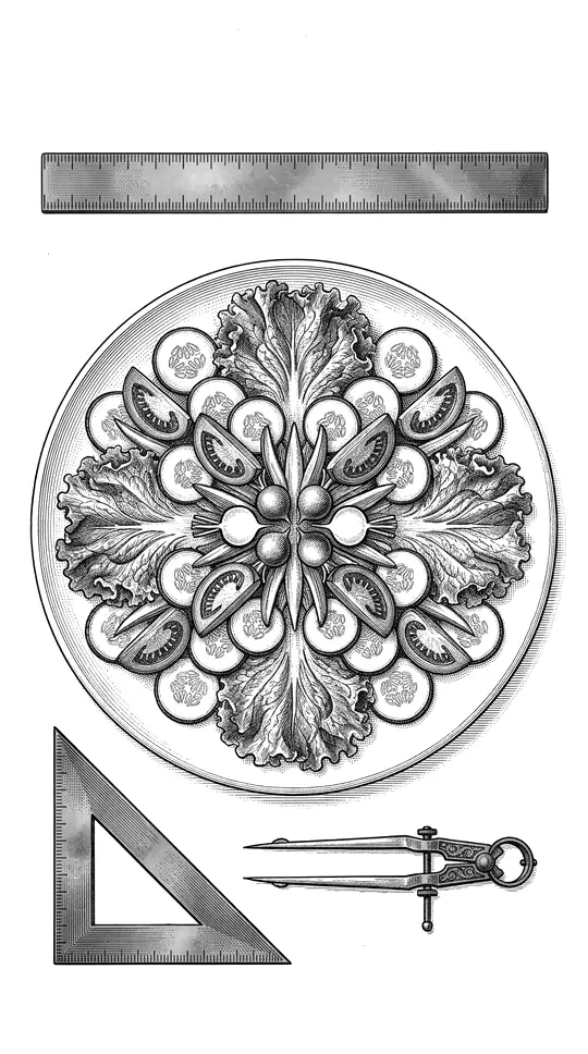 Engraved plate of a perfectly symmetrical salad on a porcelain plate, every leaf and slice mirrored about the centre, with a ruler, set square and dividers laid beside it.