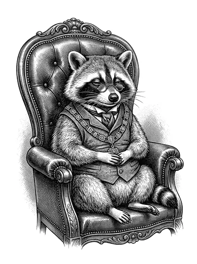 Professor Scruffles, an elderly raccoon in spectacles and a chain of office, dozing in a leather armchair.
