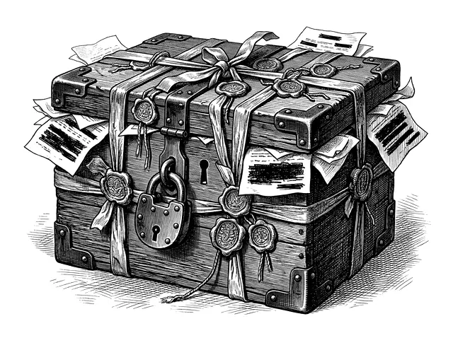 A heavy iron-bound archive box wrapped in red tape, fastened with wax seals and a large padlock, blacked-out papers poking from under the lid.