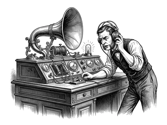 Engraving of the Society's broadcasting apparatus: a brass horn, dials and a warning lamp, its operator leaning in urgently with headphones on.