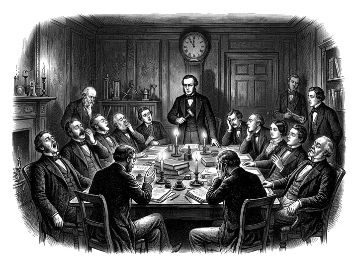 Engraving of the Society's first meeting: a younger Pillowworth presiding over a candle-lit table of exhausted ladies and gentlemen, a clock on the wall.