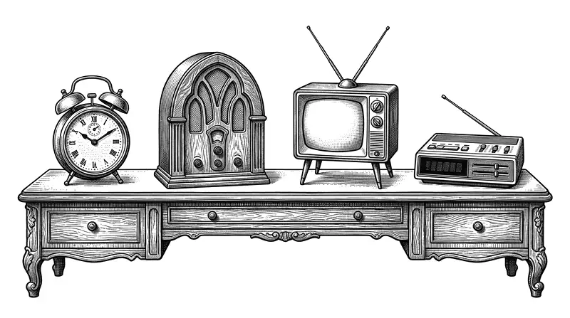 Engraving of four bedside objects on one long table: a twin-bell wind-up alarm clock, a 1930s valve radio, a 1950s television on legs and a 1980s digital clock radio.