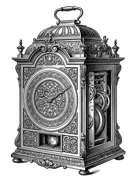 Scientific-plate engraving of an ornate brass bracket clock, its pendulum visible through a small window and its gears exposed at the side.