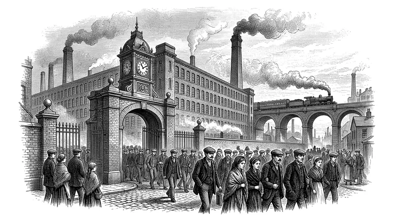 Engraving of a Victorian textile mill at dawn: tall chimneys, a clock tower over the gate, workers in caps and shawls streaming in, a steam train on a viaduct behind.