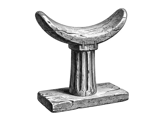 Museum-plate engraving of an ancient Egyptian wooden headrest: a curved neck support on a fluted column and rectangular base.