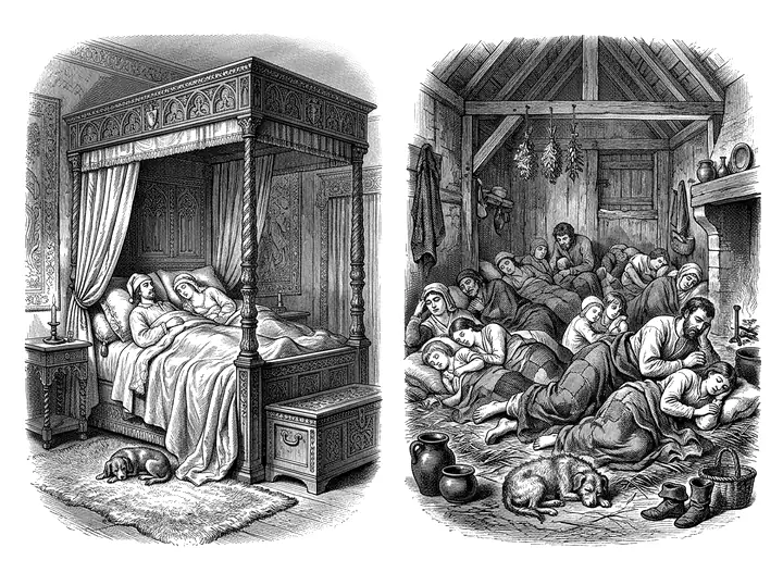 Two engravings side by side: a wealthy household's carved and curtained bed, and a crowded room where a poorer household sleeps on straw pallets with a dog.