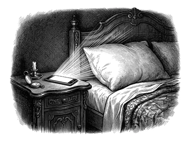 Engraving of a smartphone on a Victorian bedside table, its screen throwing hatched rays of light across the room toward a plump, ignored pillow.