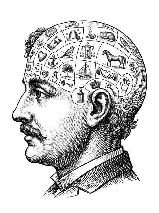 Engraving in the style of a nineteenth-century phrenology chart: a man's head in profile, the skull divided into small regions each holding a tiny emblem: a beehive, a candle, a sleeping cat, a pair of scales.