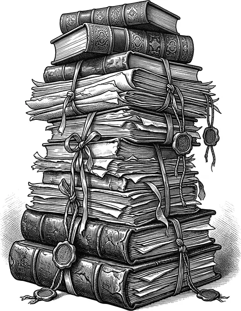 Engraving of a precarious stack of ribbon-tied reports with wax seals hanging off them, the top volumes in gilded bindings.
