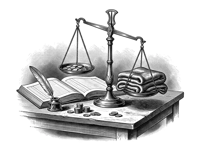 A Treasury still life: an open ledger, a quill, coins, and a brass balance on which a small folded blanket outweighs a pile of coins.